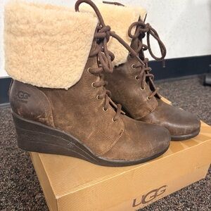 UGG Brown Suede Wedge Lace-Up Boots with Shearling Cuff